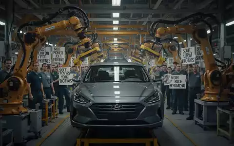Schwach beleuchtetes Hyundai-Fließband mit Roboterarmen und streikenden Arbeitern, Symbol für den Konflikt zwischen Automatisierung und Arbeit. - Foto: über boerse-global.de