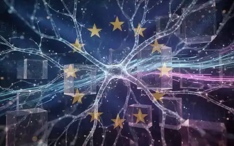 Eine futuristische, leuchtende digitale neuronale Netzwerkstruktur, überlagert mit einem subtilen EU-Flaggenmotiv, symbolisiert KI-Regulierung und Transparenz. - Foto: über boerse-global.de