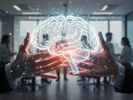 Eine futuristische Darstellung der Zusammenarbeit zwischen Mensch und KI im Personalmanagement, mit leuchtenden neuronalen Netzwerken und menschlichen Händen. - Foto: über boerse-global.de