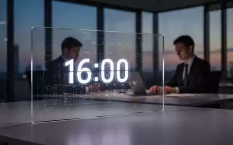 Eine digitale Uhr zeigt 16:00 Uhr in einem modernen Büro, während eine Person im Hintergrund arbeitet. Symbolisiert flexible Arbeitszeiten und Zeiterfassung. - Foto: über boerse-global.de