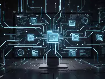 Stilisierte, leuchtend blaue Computeroberfläche mit Dateisymbolen und Datenfluss, die digitale Updates und Dateiverwaltung darstellt. - Foto: über boerse-global.de