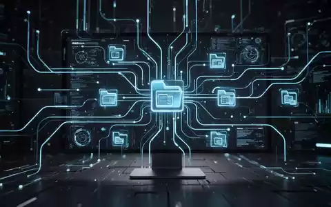Stilisierte, leuchtend blaue Computeroberfläche mit Dateisymbolen und Datenfluss, die digitale Updates und Dateiverwaltung darstellt. - Foto: über boerse-global.de