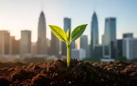 Ein grüner Trieb bricht durch dunkle Erde, im Hintergrund eine verschwommene Skyline eines Finanzviertels. Symbolisiert nachhaltiges Wachstum. - Foto: über boerse-global.de