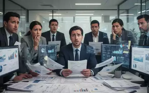 Geschäftsleute in einem modernen Büro, die besorgt und unvorbereitet angesichts komplexer Dokumente und Datenbildschirme wirken. - Foto: über boerse-global.de