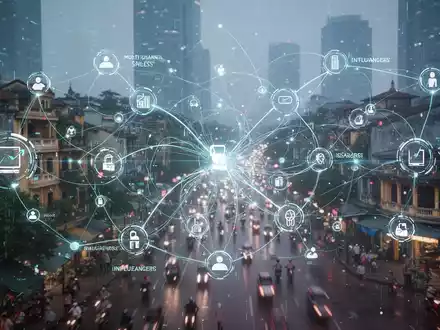 Abstrakte Darstellung von digitalen Datenflüssen und Netzwerken, die Online-Handel und Influencer-Marketing symbolisieren. - Foto: über boerse-global.de