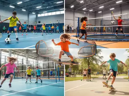 Kinder spielen FuĂball, Volleyball, Trampolin und Skateboard in einer Sporthalle und einem Park wĂ€hrend eines Sommerferienprogramms. - Foto: ĂŒber boerse-global.de