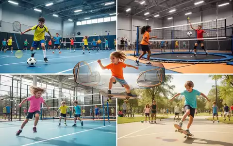 Kinder spielen Fußball, Volleyball, Trampolin und Skateboard in einer Sporthalle und einem Park während eines Sommerferienprogramms. - Foto: über boerse-global.de