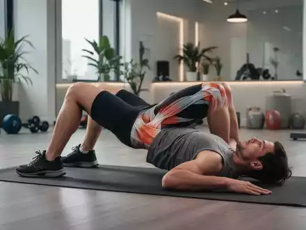 Eine Person führt eine Glute Bridge (Beckenheben) auf einer Yogamatte aus, um Rumpf- und Hüftstabilität zu testen. - Foto: über boerse-global.de
