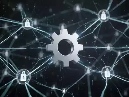 Abstrakte Darstellung eines Blockchain-Netzwerks mit leuchtenden Linien und einem silbernen Zahnrad, das Machtwechsel symbolisiert. - Foto: über boerse-global.de