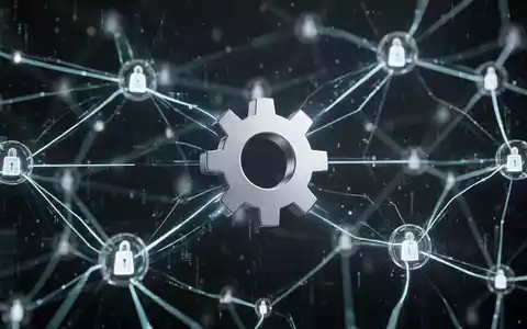 Abstrakte Darstellung eines Blockchain-Netzwerks mit leuchtenden Linien und einem silbernen Zahnrad, das Machtwechsel symbolisiert. - Foto: über boerse-global.de