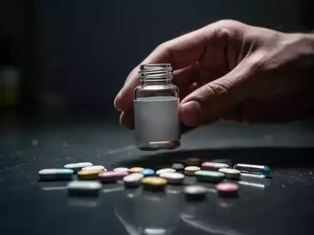 Eine Hand hält eine unscheinbare Flasche, umgeben von verschwommenen Pillen auf dunklem Untergrund, was auf unbekannte Substanzen hindeutet. - Foto: über boerse-global.de