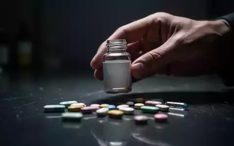 Eine Hand hält eine unscheinbare Flasche, umgeben von verschwommenen Pillen auf dunklem Untergrund, was auf unbekannte Substanzen hindeutet. - Foto: über boerse-global.de