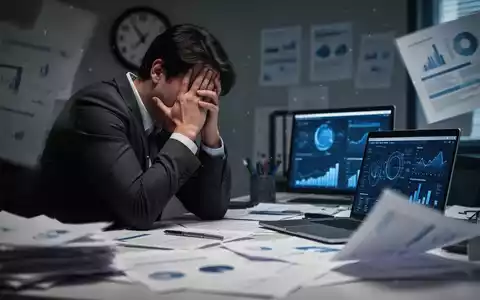 Eine Person sitzt an einem Schreibtisch, den Kopf in den Händen, umgeben von Dokumenten und einem Laptop. Sie wirkt überfordert. - Foto: über boerse-global.de