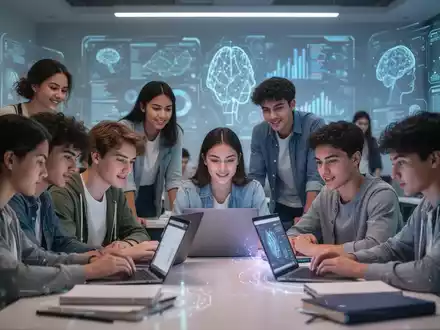 Junge UniversitĂ€tsstudenten arbeiten in einem modernen Klassenzimmer mit digitalen Schnittstellen im Hintergrund, die KI und STEM-Bildung symbolisieren. - Foto: ĂŒber boerse-global.de