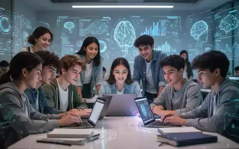 Junge Universitätsstudenten arbeiten in einem modernen Klassenzimmer mit digitalen Schnittstellen im Hintergrund, die KI und STEM-Bildung symbolisieren. - Foto: über boerse-global.de