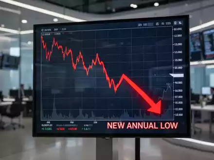 Ein Börsenchart mit rotem Abwärtspfeil zeigt einen starken Rückgang auf ein Jahrestief. - Foto: über boerse-global.de