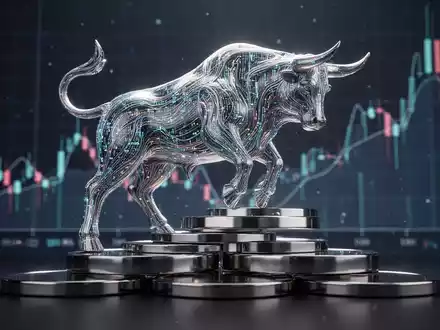 Ein stilisierter, metallischer Stier aus Datenlinien, der auf Münzstapeln steht, vor einem subtilen Börsenchart. - Foto: über boerse-global.de