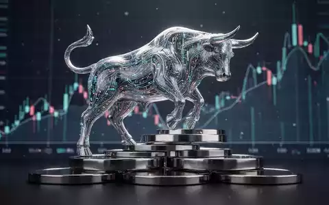 Ein stilisierter, metallischer Stier aus Datenlinien, der auf Münzstapeln steht, vor einem subtilen Börsenchart. - Foto: über boerse-global.de