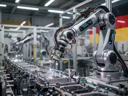Ein schlanker, fortschrittlicher Roboterarm arbeitet präzise an einem komplexen Fließband in einer modernen, gut beleuchteten deutschen Fabrik. - Foto: über boerse-global.de