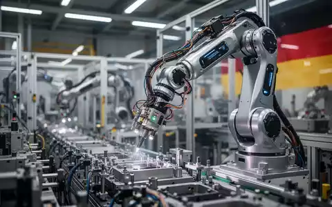 Ein schlanker, fortschrittlicher Roboterarm arbeitet präzise an einem komplexen Fließband in einer modernen, gut beleuchteten deutschen Fabrik. - Foto: über boerse-global.de
