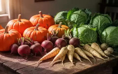 Ein reichhaltiger herbstlicher Erntetisch mit Kürbissen, Roter Bete, Pastinaken und verschiedenen Kohlsorten, beleuchtet von warmem Seitenlicht. - Foto: über boerse-global.de