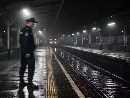Ein verschwommener Sicherheitsbeamter steht auf einem nassen, schwach beleuchteten Bahnsteig bei Nacht. - Foto: über boerse-global.de