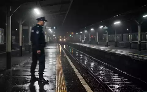 Ein verschwommener Sicherheitsbeamter steht auf einem nassen, schwach beleuchteten Bahnsteig bei Nacht. - Foto: über boerse-global.de