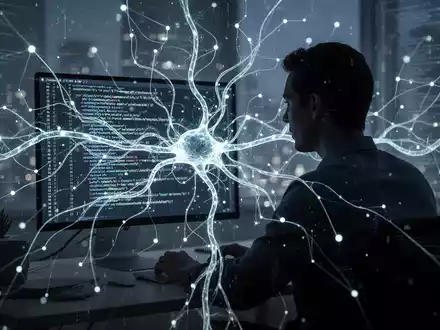 Eine Person als Silhouette an einem Schreibtisch, blickt auf einen Bildschirm mit abstraktem Code, überlagert von einem leuchtenden neuronalen Netzdiagramm. - Foto: über boerse-global.de