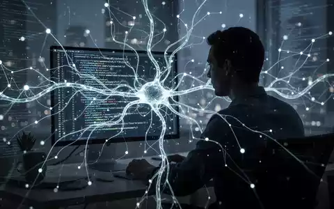 Eine Person als Silhouette an einem Schreibtisch, blickt auf einen Bildschirm mit abstraktem Code, überlagert von einem leuchtenden neuronalen Netzdiagramm. - Foto: über boerse-global.de