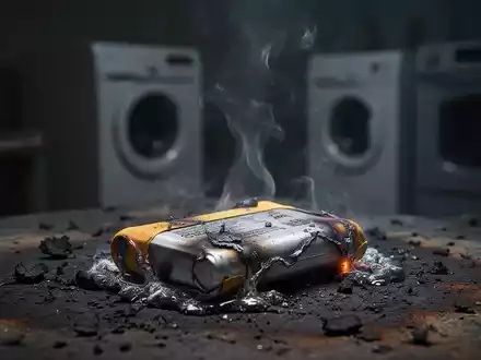 Eine schwelende, teilweise geschmolzene Lithium-Ionen-Batterie auf einer verbrannten Oberfläche mit leichtem Rauch. Im Hintergrund sind unscharfe Umrisse von Haushaltsgeräten zu sehen. - Foto: über boerse-global.de