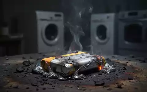 Eine schwelende, teilweise geschmolzene Lithium-Ionen-Batterie auf einer verbrannten Oberfläche mit leichtem Rauch. Im Hintergrund sind unscharfe Umrisse von Haushaltsgeräten zu sehen. - Foto: über boerse-global.de