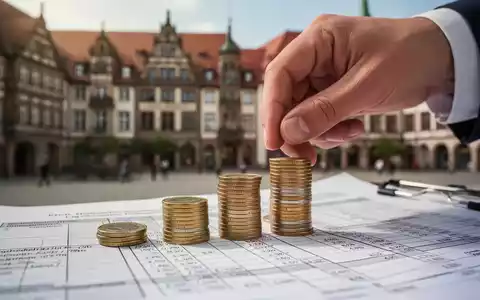 Eine Hand legt Münzen auf ein Finanzbuch, im Hintergrund verschwommene deutsche Stadtgebäude. Symbolisiert kommunale Finanzen und Gewerbesteuer. - Foto: über boerse-global.de