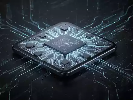 Nahaufnahme eines Qualcomm Snapdragon Smartphone-Chipsatzes mit leuchtend blauen und violetten Schaltkreisen, die fortschrittliche Technologie symbolisieren. - Foto: über boerse-global.de