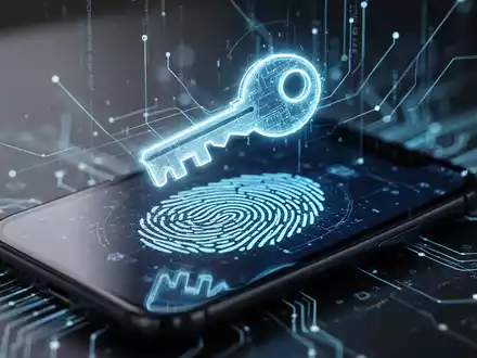 Stilisierte digitale Schlüssel-Ikone über leuchtendem Fingerabdruck-Scan auf Smartphone, mit abstrakten Linien als Datenfluss, Symbol für sichere Passkey-Authentifizierung. - Foto: über boerse-global.de