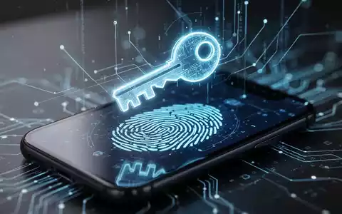 Stilisierte digitale Schlüssel-Ikone über leuchtendem Fingerabdruck-Scan auf Smartphone, mit abstrakten Linien als Datenfluss, Symbol für sichere Passkey-Authentifizierung. - Foto: über boerse-global.de