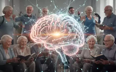 Eine stilisierte, leuchtende Gehirngrafik mit digitalen neuronalen Verbindungen, die KI und Früherkennung symbolisiert. Im Hintergrund ältere Erwachsene bei sozialen Aktivitäten. - Foto: über boerse-global.de
