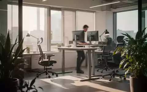 Ein modernes Büro mit ergonomischen Möbeln, Stehpult und einer Person, die sich beim Arbeiten bewegt. Sonnenlicht fällt durch ein Fenster. - Foto: über boerse-global.de
