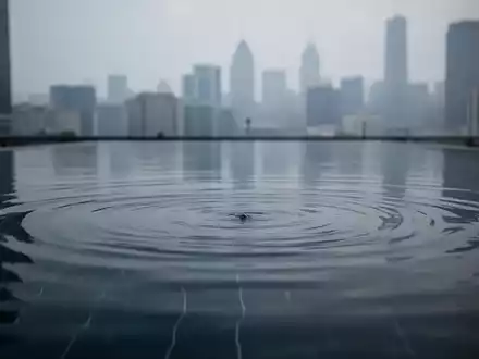 Eine ruhige, spiegelnde Wasseroberfläche mit einer unscharfen Stadtkulisse im Hintergrund, die Stille vor einem Ereignis symbolisiert. - Foto: über boerse-global.de