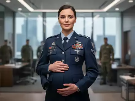 Eine schwangere vietnamesische Militäroffizierin in Uniform, die ihre Hand auf ihren Bauch legt, in einem modernen Büro. Sie repräsentiert Mutterschaftsleistungen. - Foto: über boerse-global.de