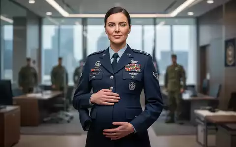 Eine schwangere vietnamesische Militäroffizierin in Uniform, die ihre Hand auf ihren Bauch legt, in einem modernen Büro. Sie repräsentiert Mutterschaftsleistungen. - Foto: über boerse-global.de