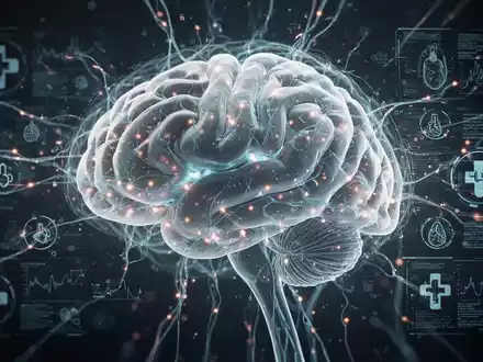 Stilisierte menschliche Gehirn mit leuchtenden neuronalen Netzen und digitalen Daten, symbolisiert KI in der Medizin und Datenvalidierung. - Foto: über boerse-global.de
