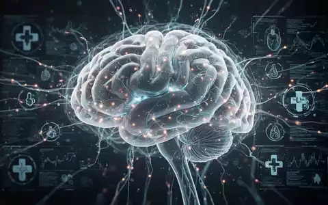 Stilisierte menschliche Gehirn mit leuchtenden neuronalen Netzen und digitalen Daten, symbolisiert KI in der Medizin und Datenvalidierung. - Foto: über boerse-global.de