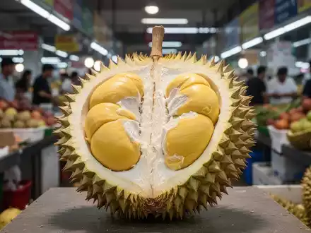 Eine aufgeschnittene Durianfrucht mit cremigen, gelben Segmenten, umgeben von weiteren Durians auf einem Markt in Südostasien. - Foto: über boerse-global.de
