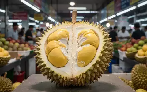 Eine aufgeschnittene Durianfrucht mit cremigen, gelben Segmenten, umgeben von weiteren Durians auf einem Markt in Südostasien. - Foto: über boerse-global.de