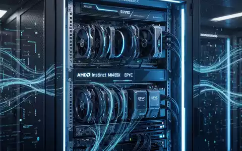 Leuchtender Server-Rack mit AMD-GPUs und -CPUs, umgeben von digitalen Datenströmen, die KI und Cloud-Infrastruktur repräsentieren. - Foto: über boerse-global.de