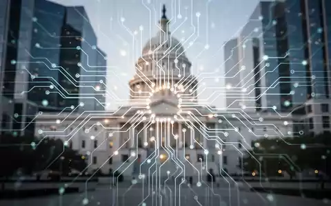 Eine futuristische Darstellung digitaler Prozesse mit einem leuchtenden neuronalen Netz vor einem unscharfen Hintergrund von Regierungsgebäuden. - Foto: über boerse-global.de