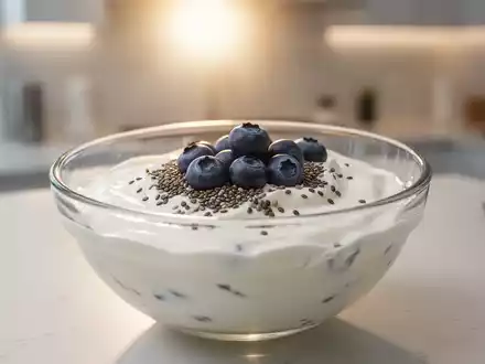 Ein Nahaufnahme einer Schale Naturjoghurt mit Chiasamen und Blaubeeren, die Darmgesundheit und Präbiotika/Probiotika symbolisiert. - Foto: über boerse-global.de
