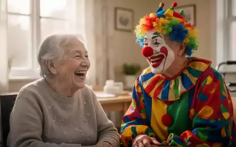 Ein lachender Senior in einem Pflegeheim interagiert mit einem freundlichen Klinikclown, der eine bunte Nase und Weste trägt. - Foto: über boerse-global.de