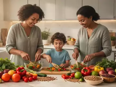 Eine Familie bereitet gemeinsam eine vegane Mahlzeit in einer hellen Küche zu, mit Fokus auf frische, bunte Zutaten. - Foto: über boerse-global.de