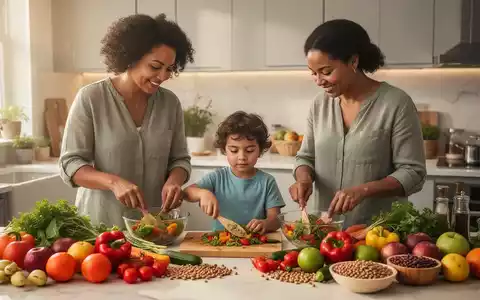 Eine Familie bereitet gemeinsam eine vegane Mahlzeit in einer hellen Küche zu, mit Fokus auf frische, bunte Zutaten. - Foto: über boerse-global.de